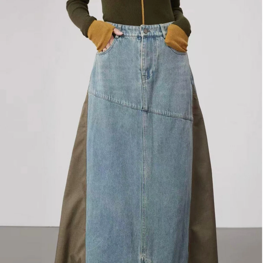 【TD】牛仔拼接半身裙女2025春秋新款高腰百搭休闲显瘦中长裙3019