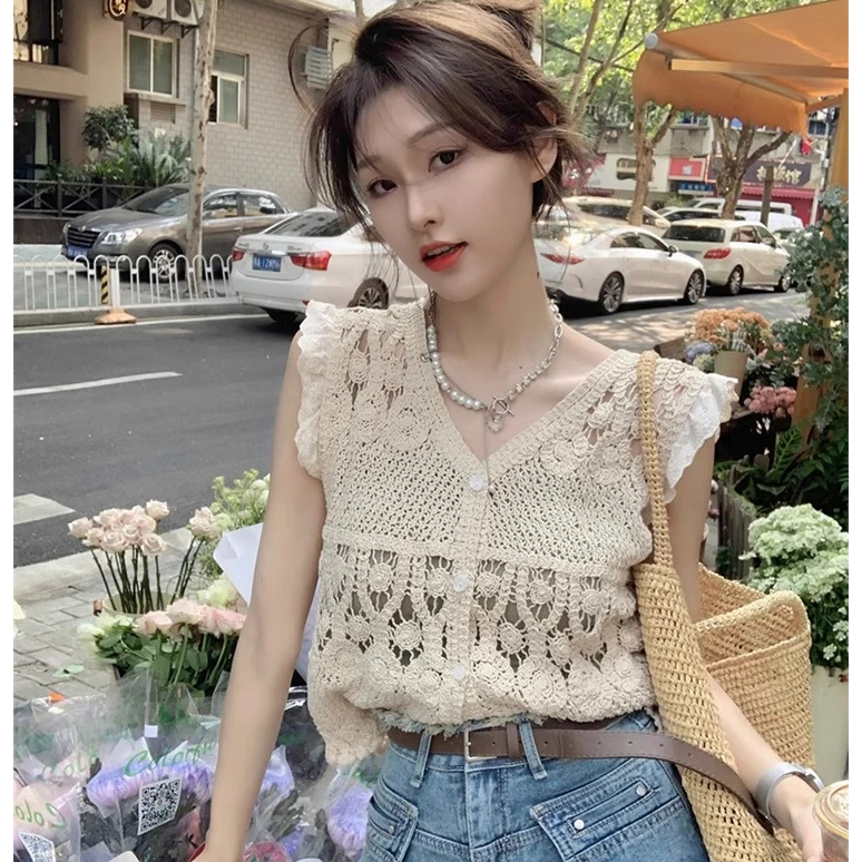 V领钩花镂空冰丝针织开衫t恤女夏时尚拼接蕾丝设计感宽松无袖上衣