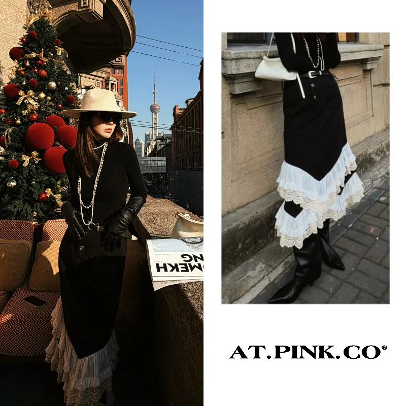 【三三品牌】版型超级正蕾丝裙摆前中门筒扣子系带复古半身裙 FQ406