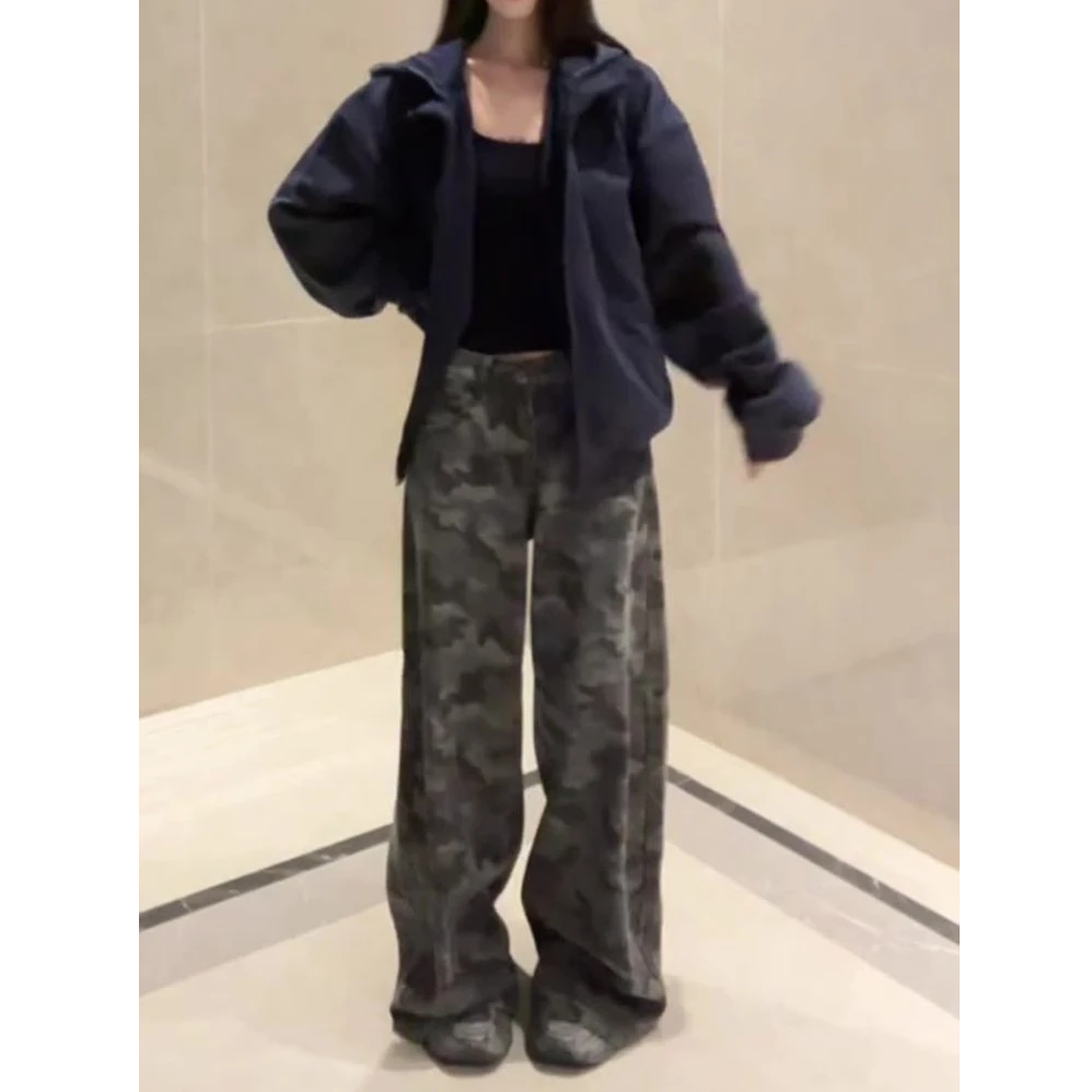 145小个子美式辣妹高街迷彩阔腿牛仔裤女高腰宽松显瘦直筒拖地裤