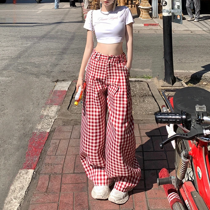 红色格子辣妹阔腿裤女春夏新款高腰宽松百搭撞色直筒休闲拖地长裤