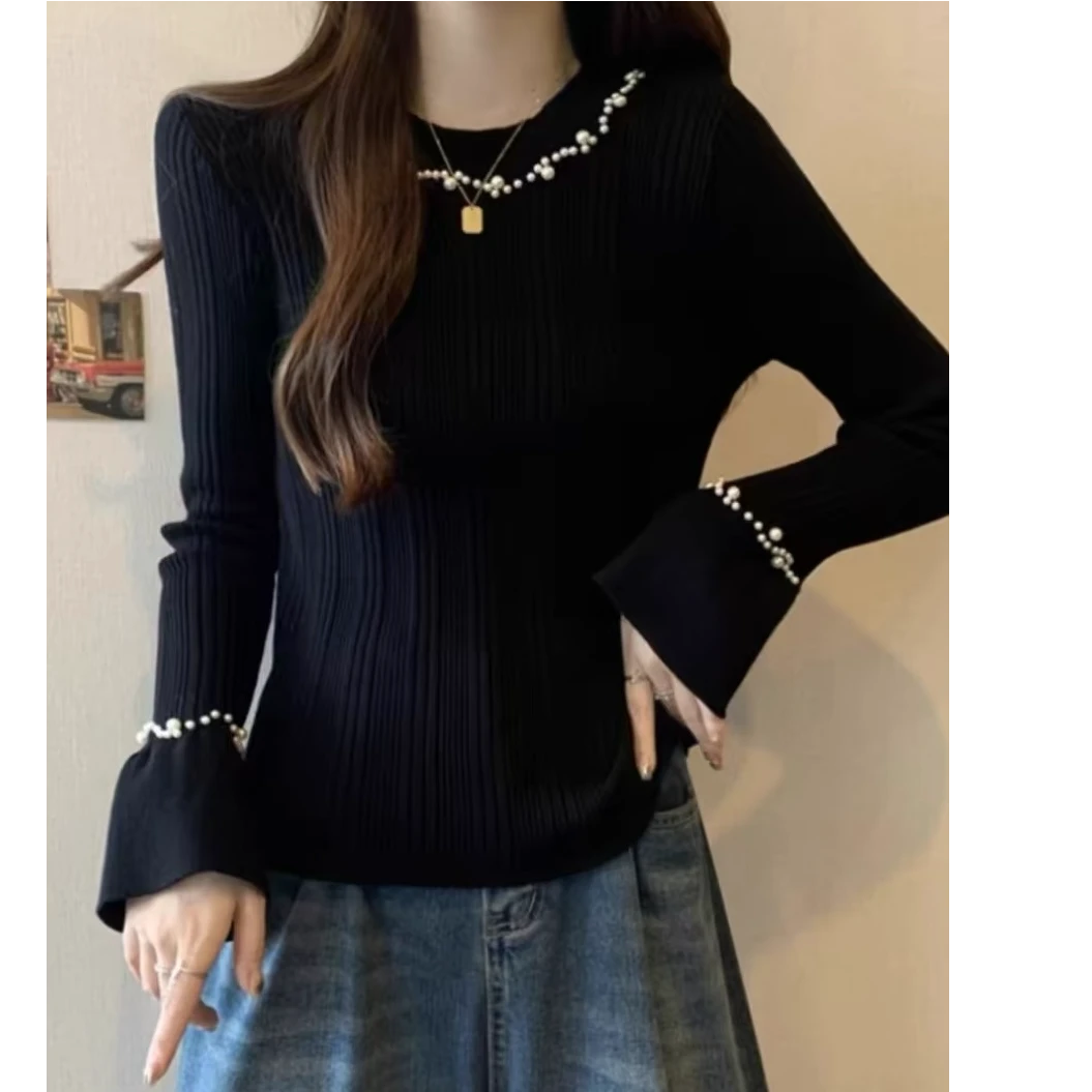 3567女装2025春装新款圆领时尚洋气钉珠设计感百搭衣服上衣针织衫