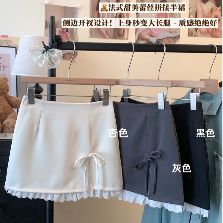 韩系甜美风蝴蝶结系带半身裙女夏季新款设计感花边a字包臀裙短裙