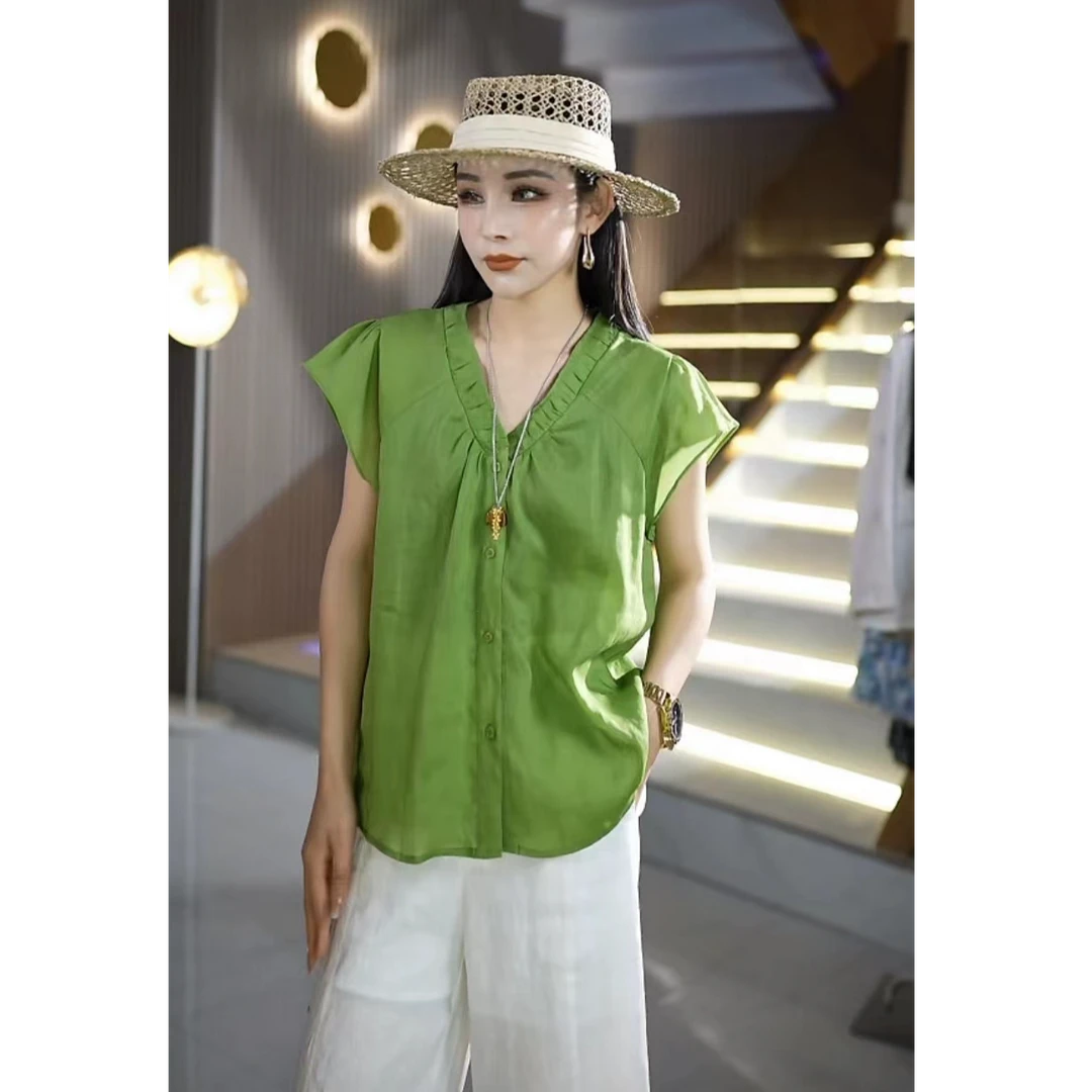 夏季设计感V领时尚百搭100苎麻超凉快女士短袖衬衫YF998201C显瘦
