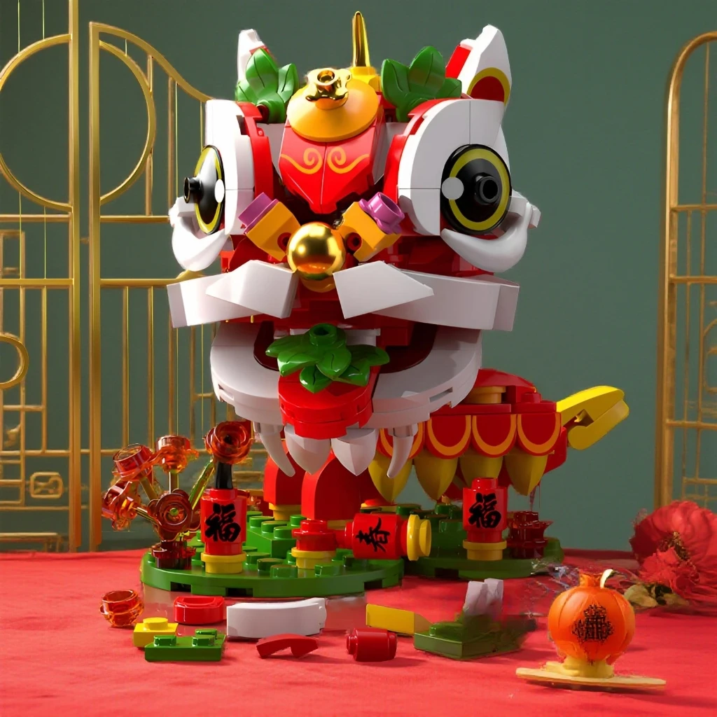 国潮四大年兽醒狮招财猫锦鲤拼装积木模型玩具网红爆款益智类玩具