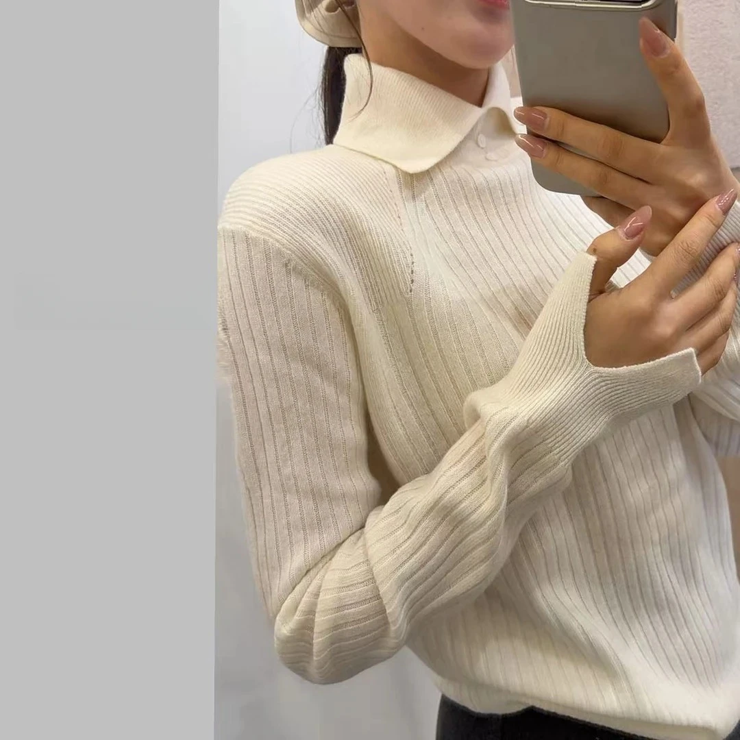 时尚百搭纯色新款气质小翻领显瘦设计款休闲打底针织毛衣女K2-17