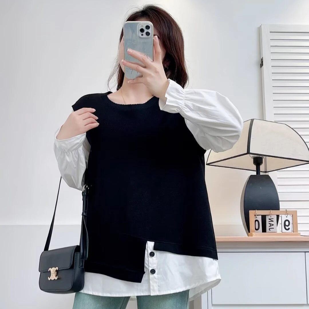 大码春季韩版内搭打底长袖设计感小众假两件上衣撞色拼接上衣