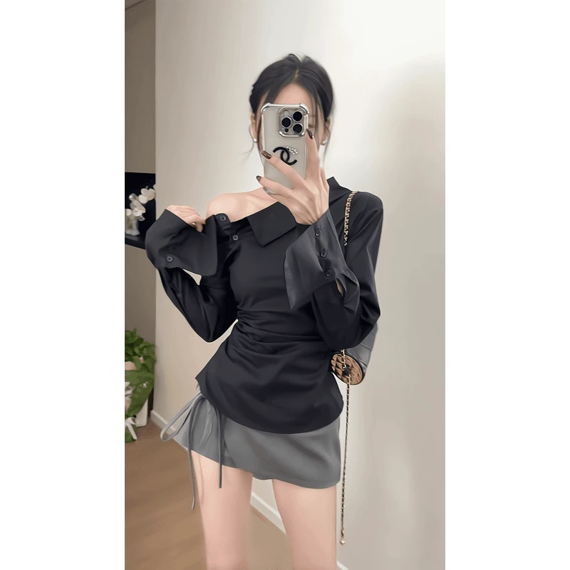 INS CEC设计感小众斜肩衬衫收腰显瘦露肩上衣蝴蝶结半身裙两件套