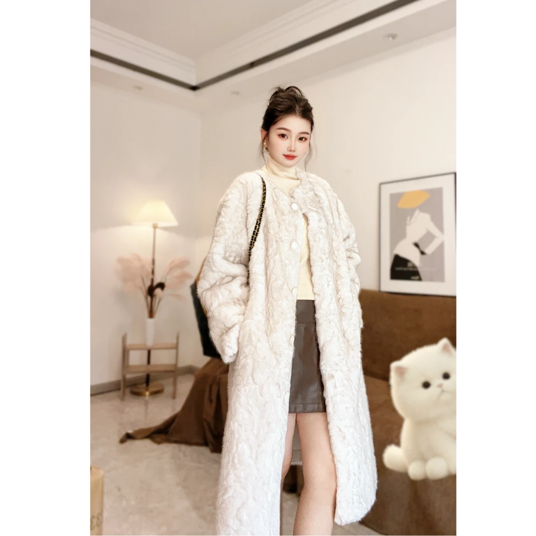 花海玫瑰秋冬新款皮毛一体大衣圆领加厚仿羊羔毛毛外套女长款百搭