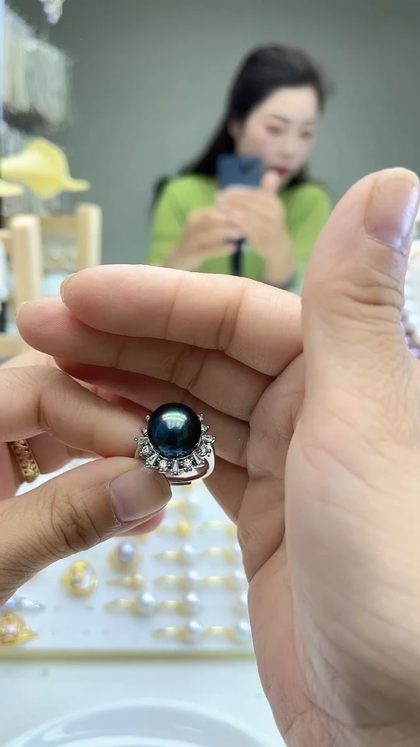未镶嵌戒指淡水珍珠孔雀绿戒指14mm