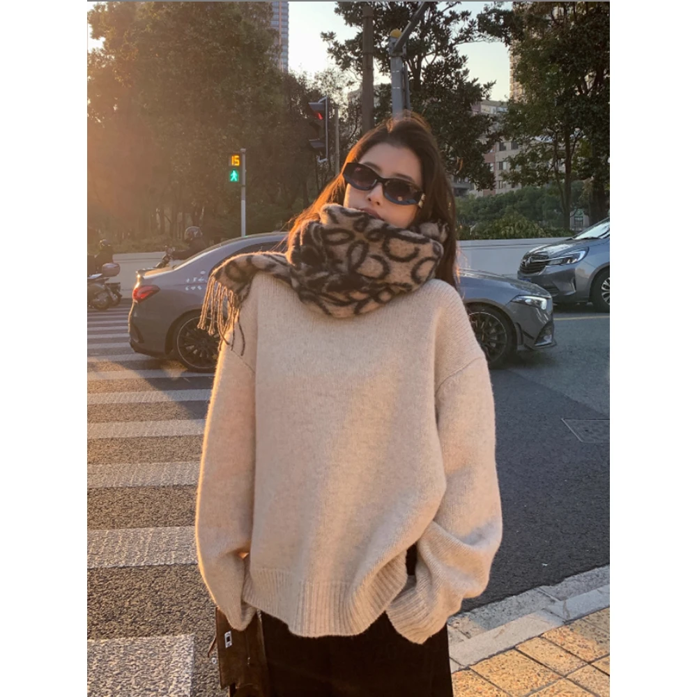 EKOOL 100绵羊毛加厚毛衣女冬季韩系慵懒宽松长袖套头针织衫上衣