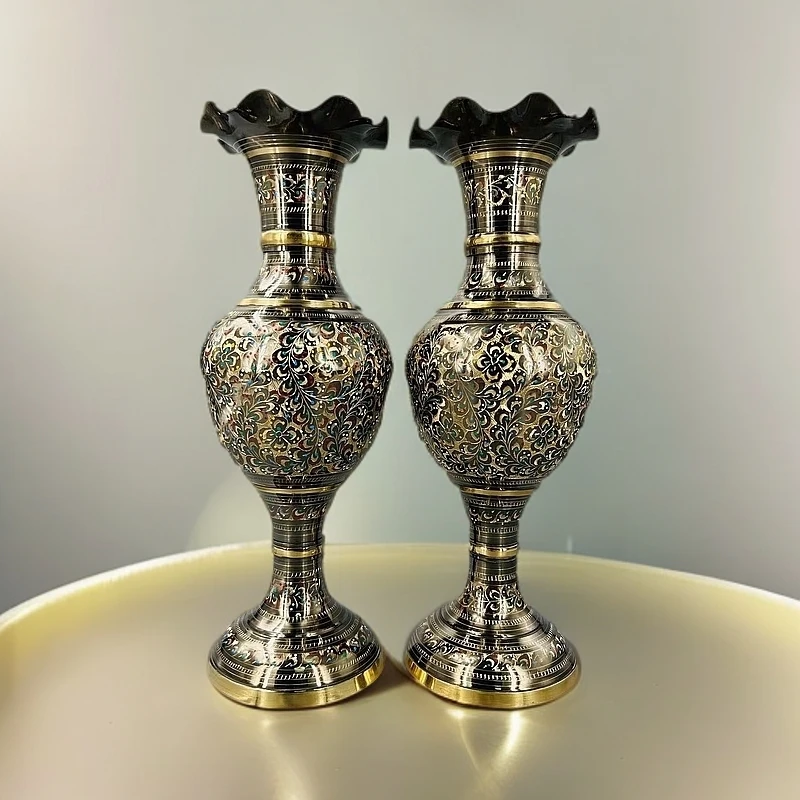 纯手工黄铜彩绘摆件keshmiri花瓶一对 欧式纯铜电视柜摆件复古