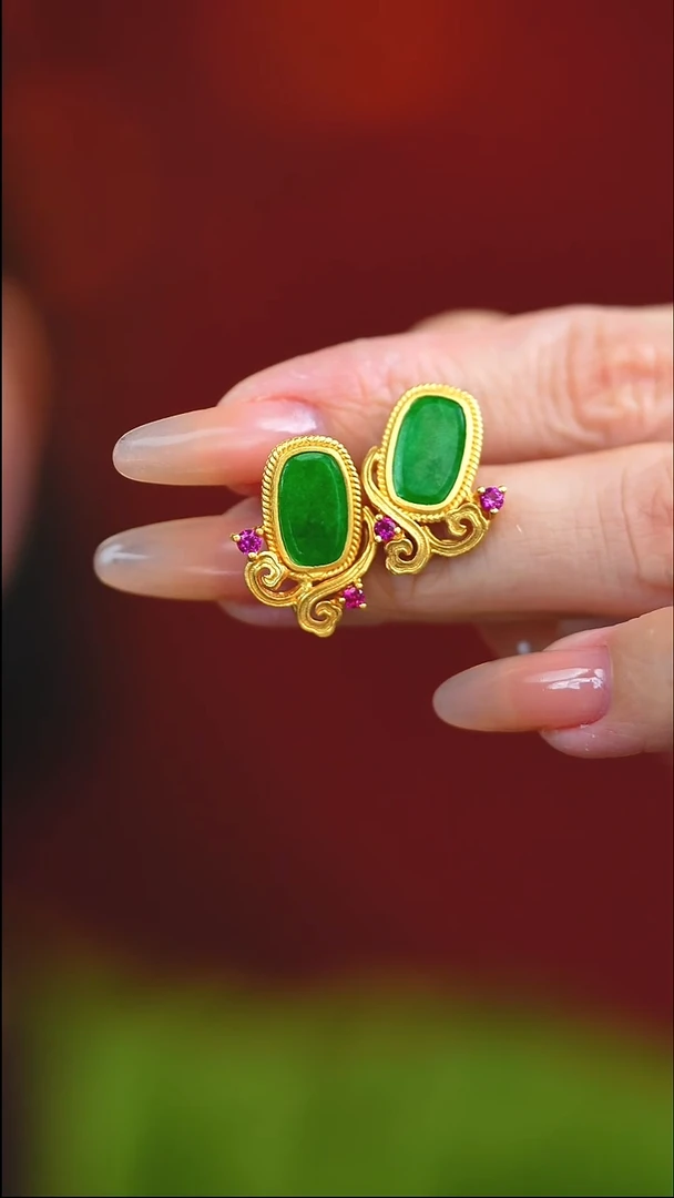 银S925镶嵌翡翠耳饰新款