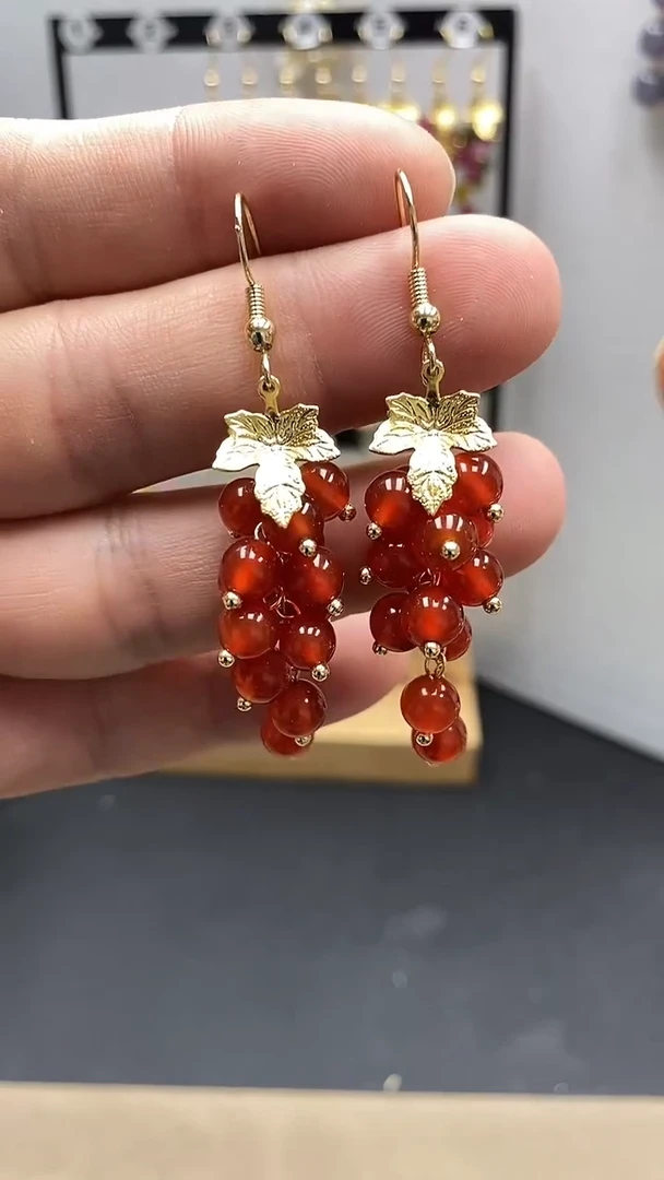 【闪购商品】南红玛瑙耳饰银S925镀金镶嵌尺寸6mm葡萄01