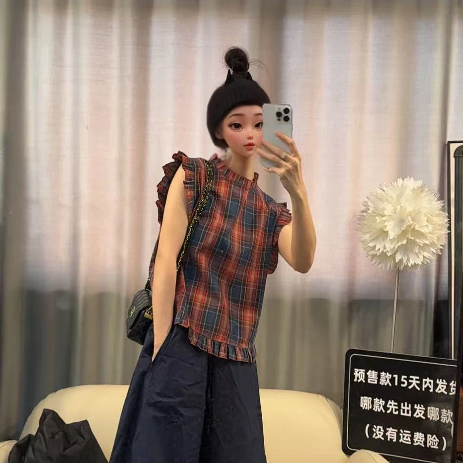 【文乐乐】夏季新款洋气经典花边袖时尚休闲潮流百搭格子衬衫6868