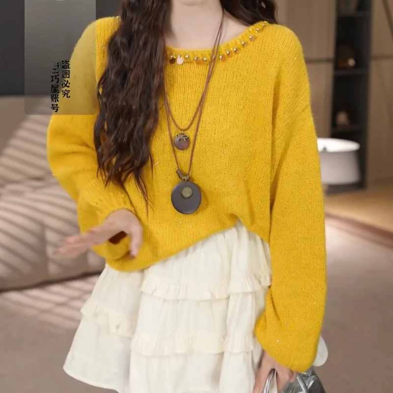 【星辰之泪】钉珠领口慵懒感针织毛衣+纯欲甜美蕾丝半身裙LK2506743