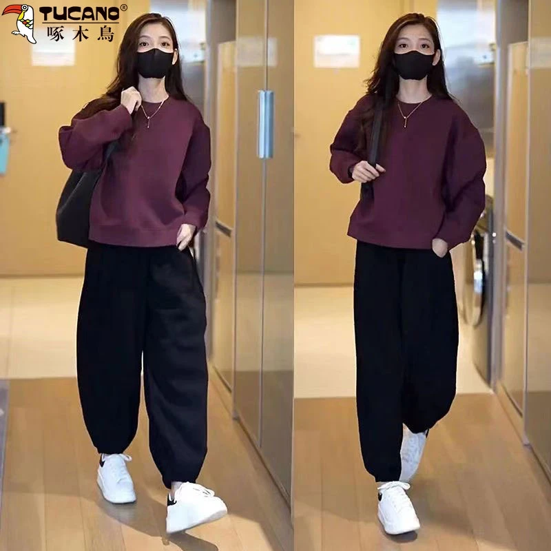 啄木鸟纯棉百搭运动套装女秋冬爆款圆领宽松卫衣慵懒风减龄上衣
