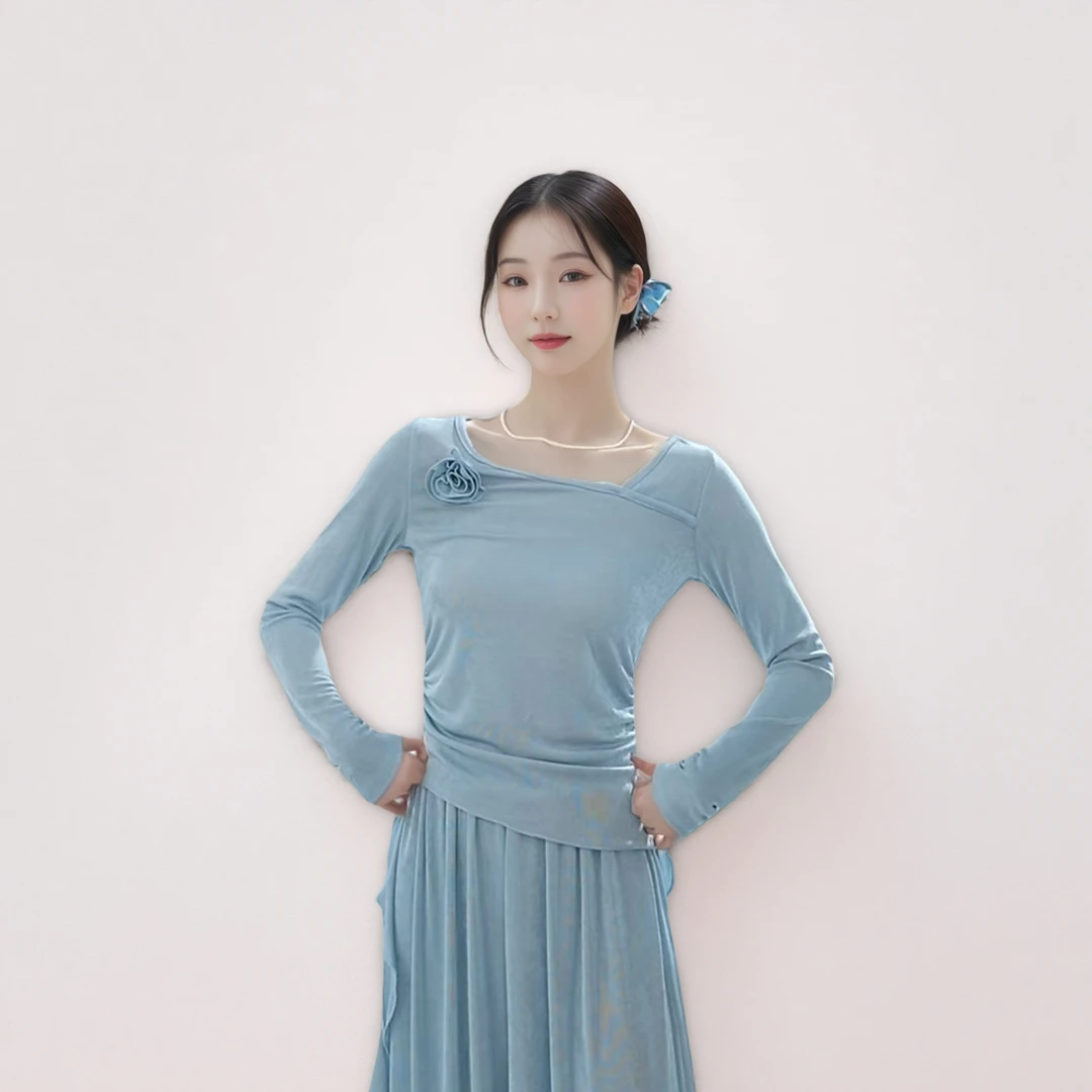 24116修身网纱斜v领花朵上衣宽松阔腿裤飘带垂感裤