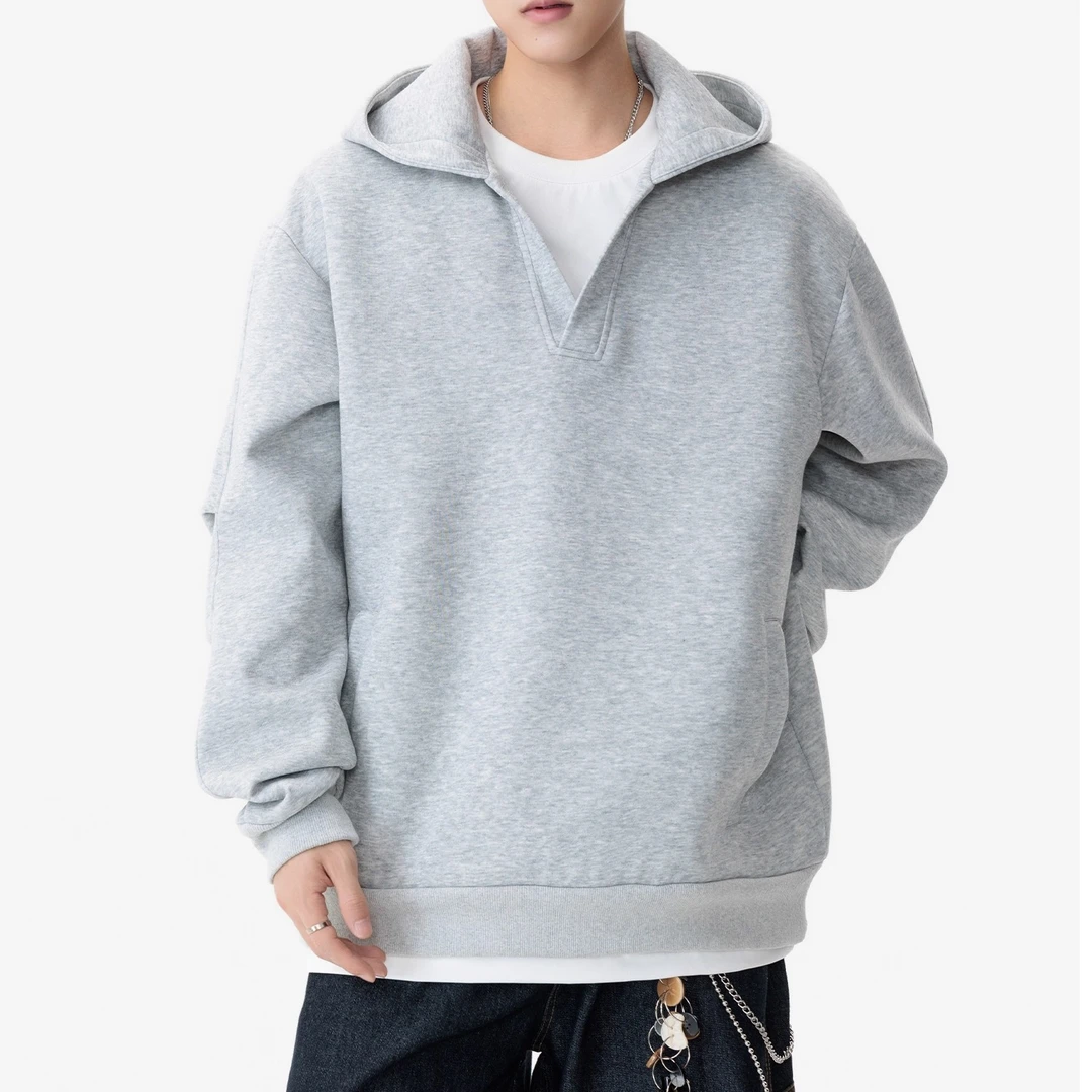 早秋假两件重磅V领连帽卫衣男士春秋季新款cleanfit休闲男生外套