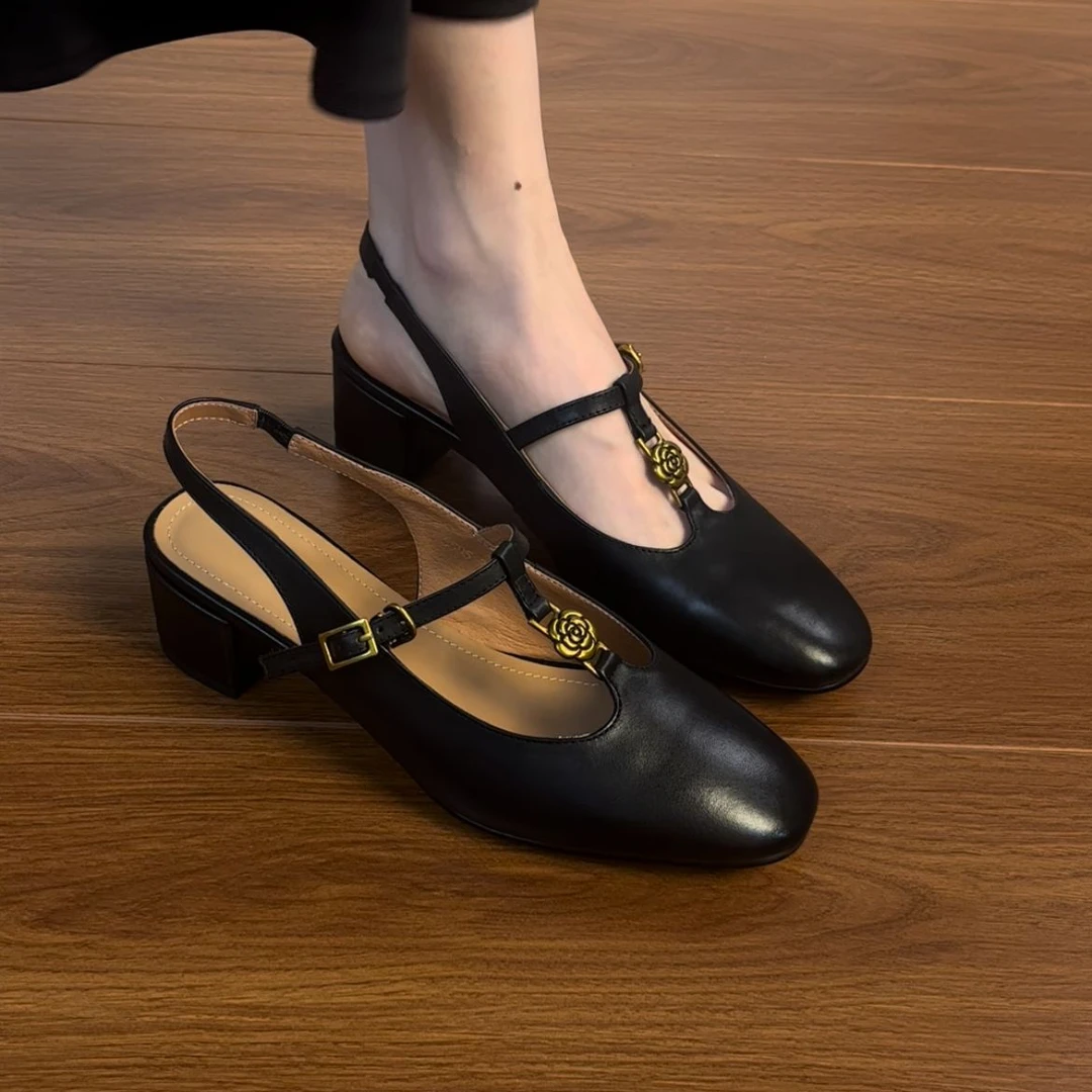 4.5CM头层牛皮2025夏新款粗跟真皮丁字带后空玛丽珍鞋女包头凉鞋