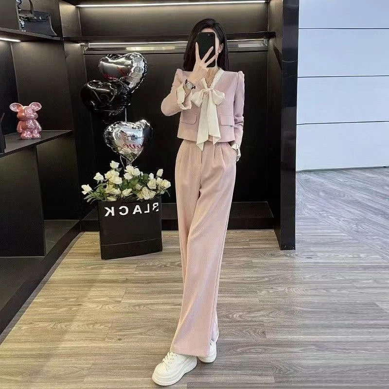 2025春季新款法式V领蝴蝶结时尚显瘦短款西装外套阔腿裤两件套