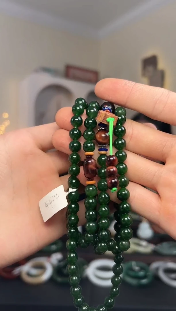 颈饰未镶嵌和田玉碧玉108项链 8mm