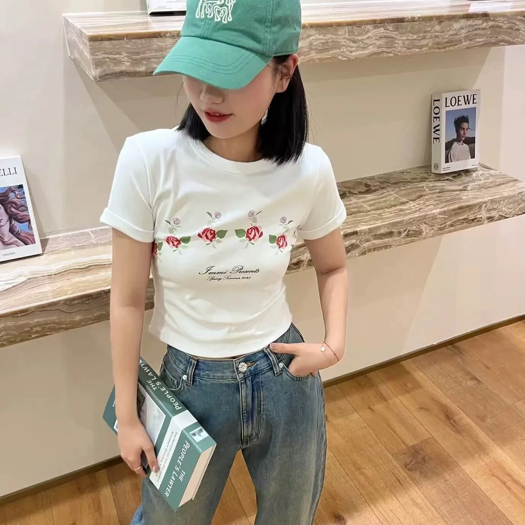 春夏醋酸棉纱小花朵印花短T恤