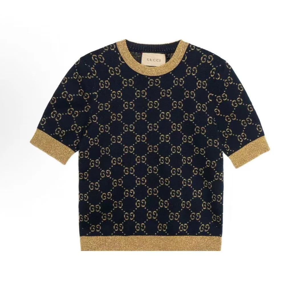 95新 GUCCI/古驰  棉质金银丝线 短袖女款藏青色
