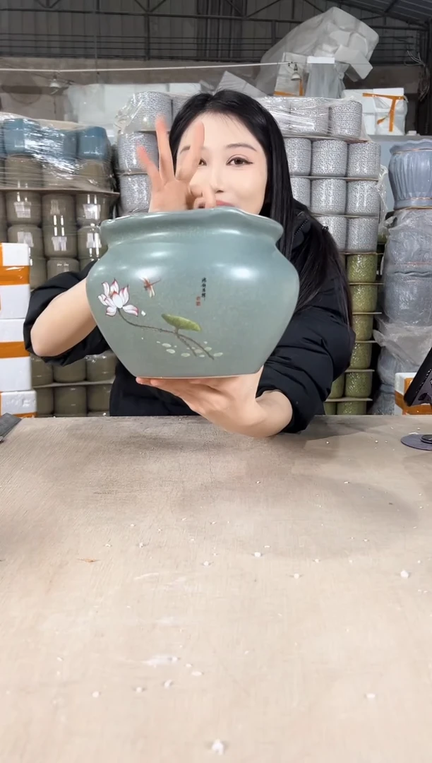 【闪购商品】陶瓷荷口深绿荷花大号19x15