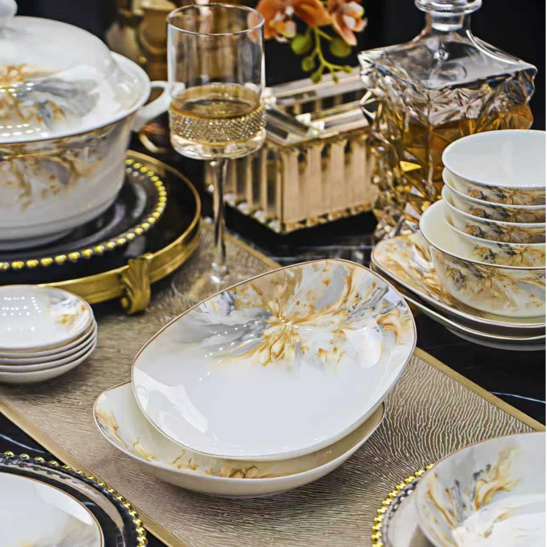 金玉满堂景德镇新中式高档骨瓷餐具套装碗碟套装家用8英寸元宝盘