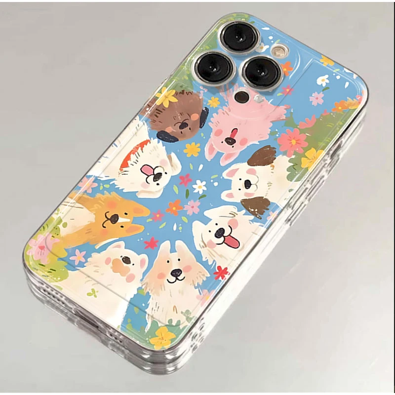 满屏花丛小狗适用iphone16/15promax手机壳苹果13/12透明14卡通11
