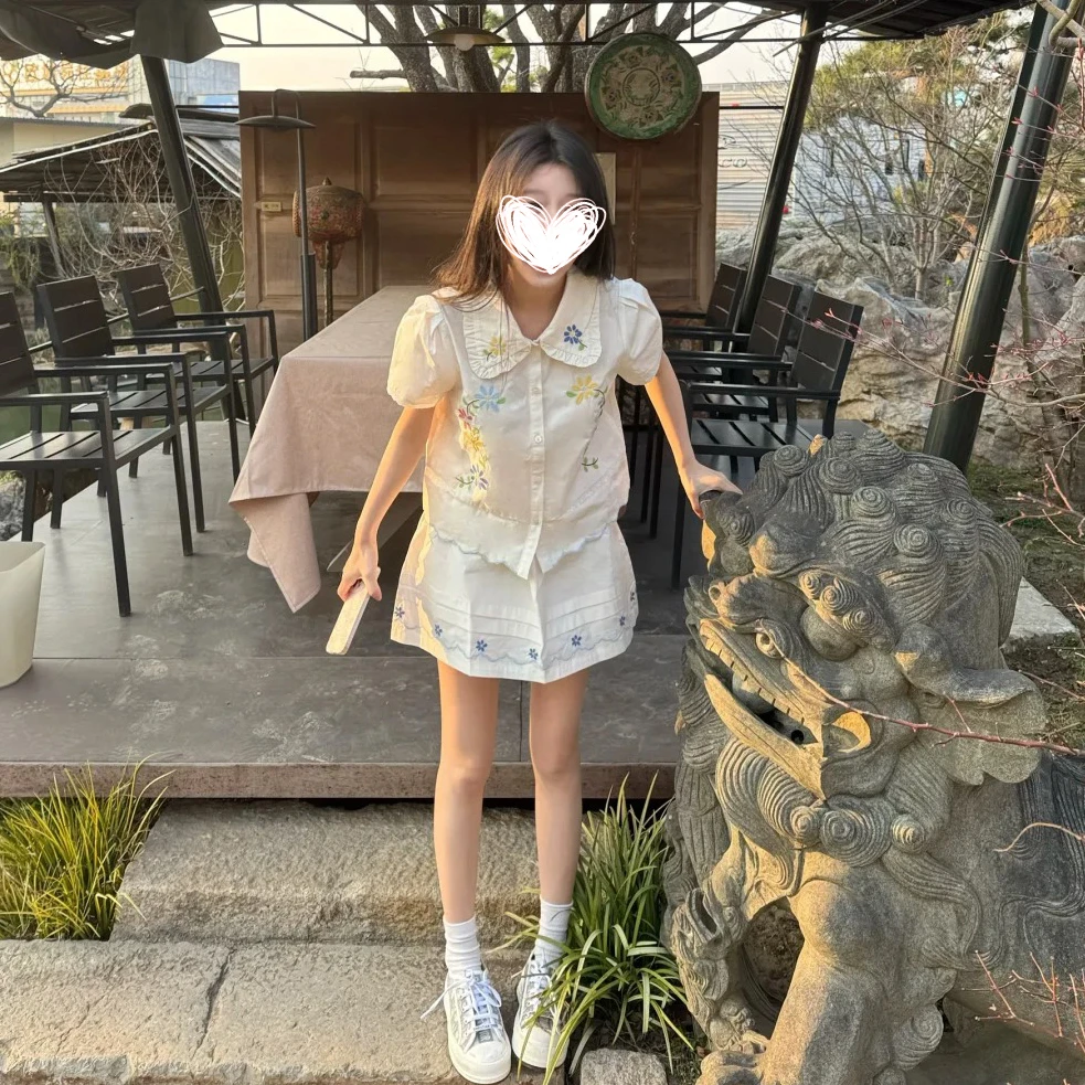 日系甜美学院风复古碎花刺绣娃娃领衬衫A字半身裙套装夏季