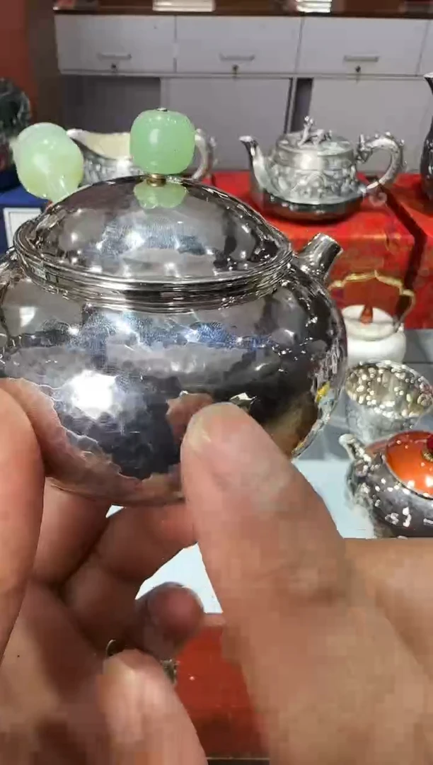 足银999精工手工锤纹侧把玉把泡茶壶