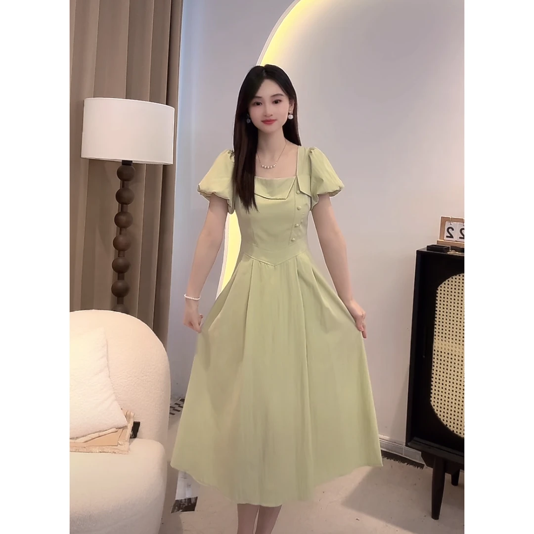 2025新款绿色连衣裙女夏收腰气质御姐风超好看显瘦长裙子D1357