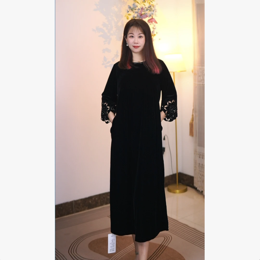 【撤柜清仓】时尚洋气高端时尚长款丝绒连衣裙高端大码显瘦气质 906