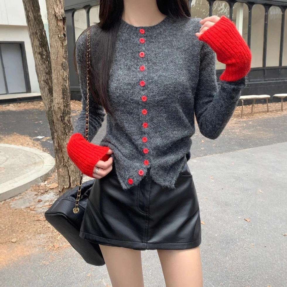 秋冬撞色针织衫女软糯开衫毛衣圆领长袖慵懒风上衣设计感