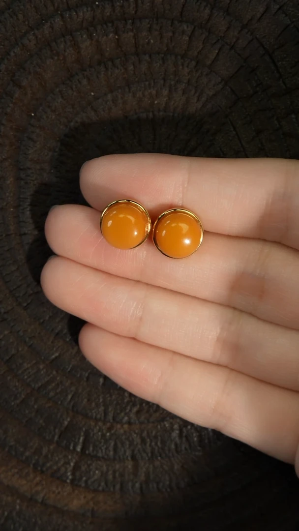 银S925镶嵌蜜蜡耳钉耳钉