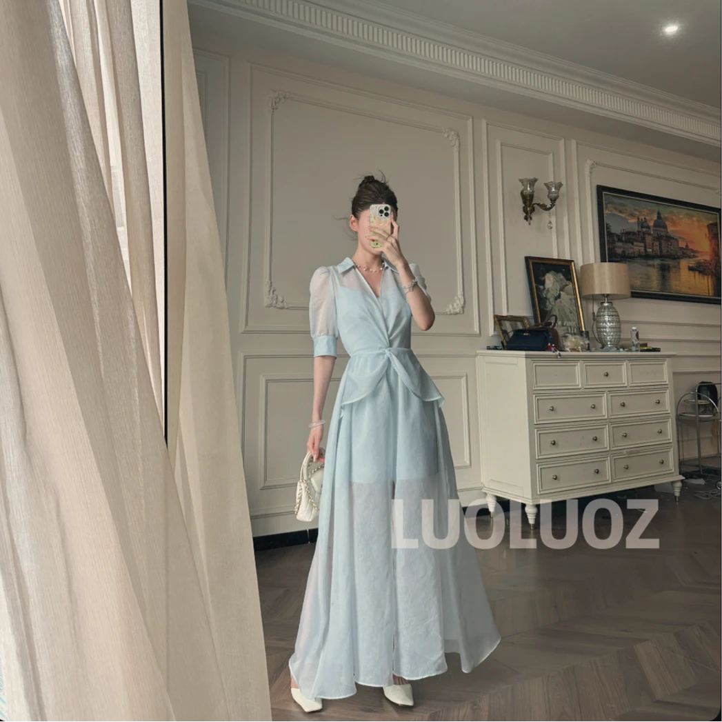 【现货】LUOLUOZ【海风私语】气质绝美网纱设计不规则长款连衣裙JF788