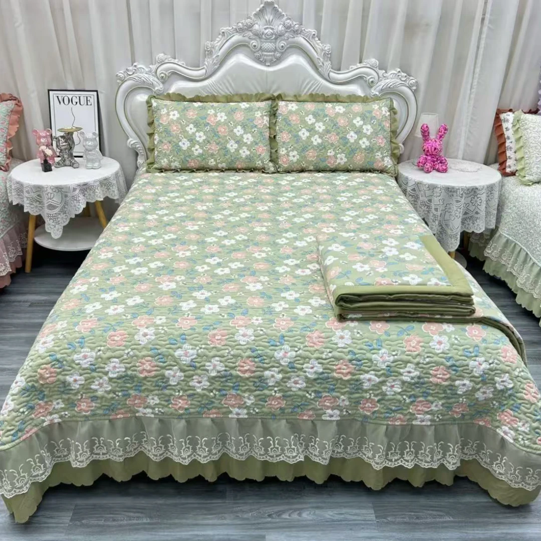 四季防滑榻榻米夹棉床盖蕾丝床裙花边款绗缝三件套盖毯夏被四件套