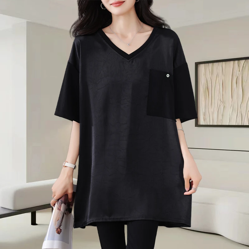 大码时尚V领短袖t恤女2025夏季新款洋气减龄宽松遮肉显瘦休闲上衣