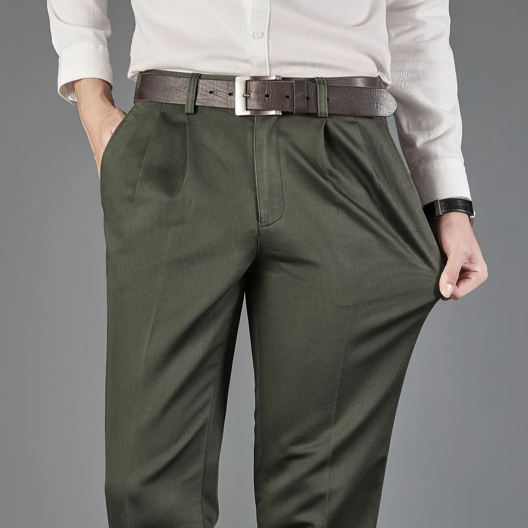 中老年男装长裤子秋冬季厚款双褶宽松高腰裤爸爸装男士弹力休闲裤