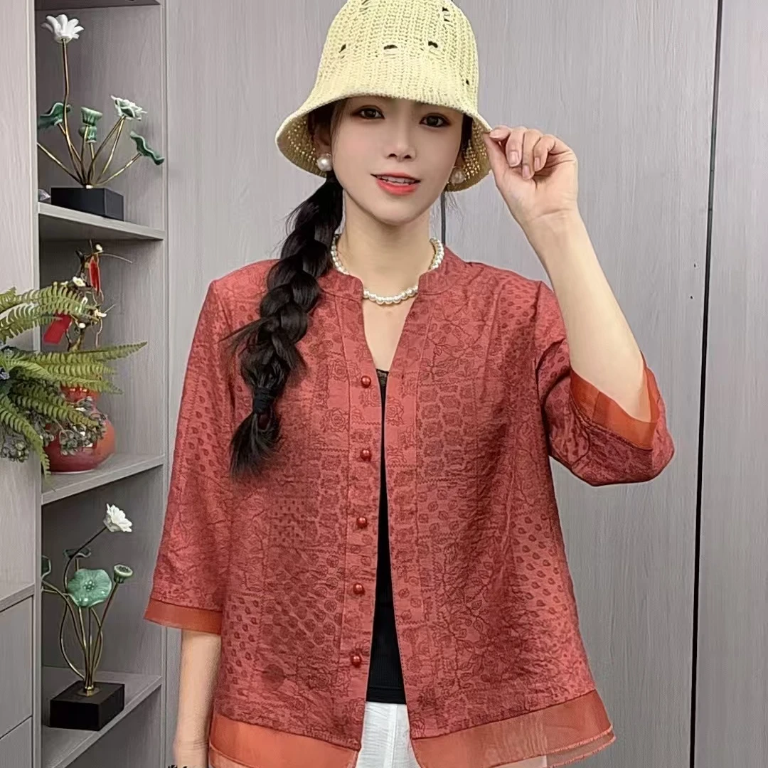 纤梦依-2025时尚薄款夏季休闲大码显瘦新款衬衫七分袖小衫