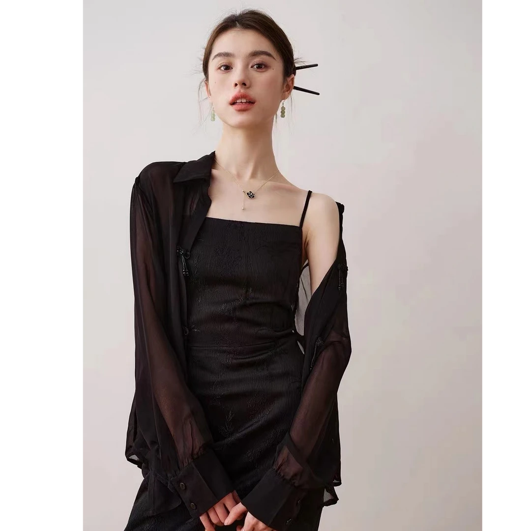 MS422810夏季新款轻熟风宽松黑色防晒衬衫长袖法式上衣