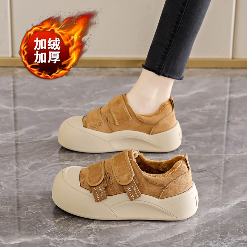 加绒板鞋女冬季魔术贴学生棉鞋2025新款运动鞋保暖面包鞋厚底防滑