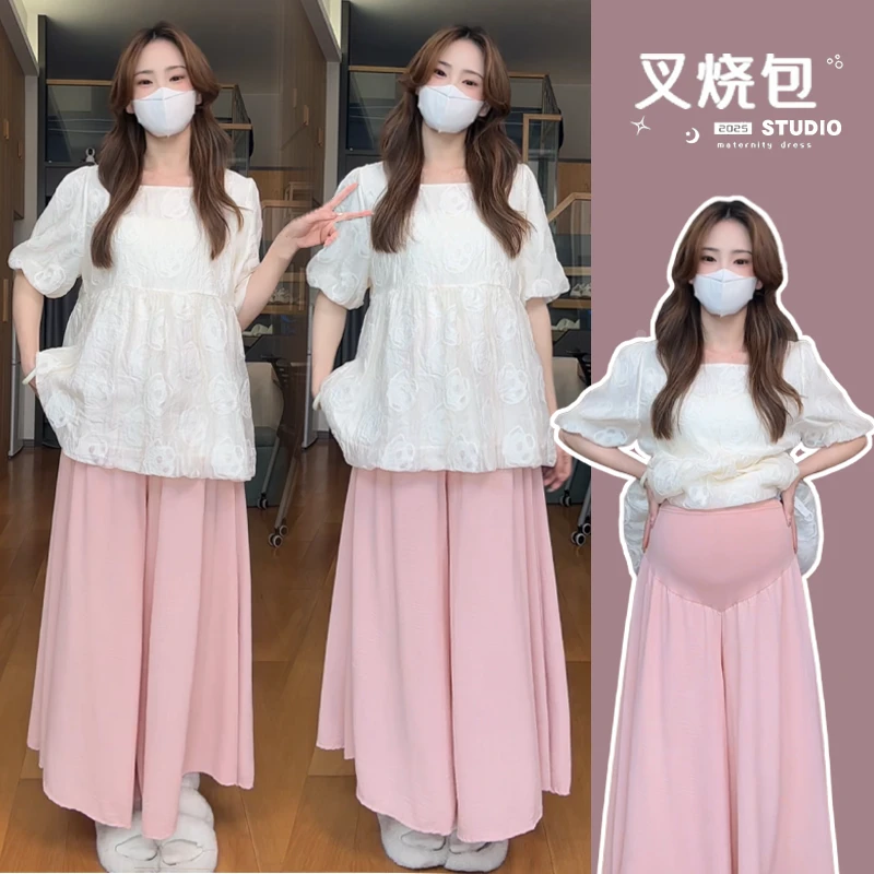 孕妇春夏孕妇套装小香风夏装宽松雪纺上衣粉色宽松半身裙裤套装