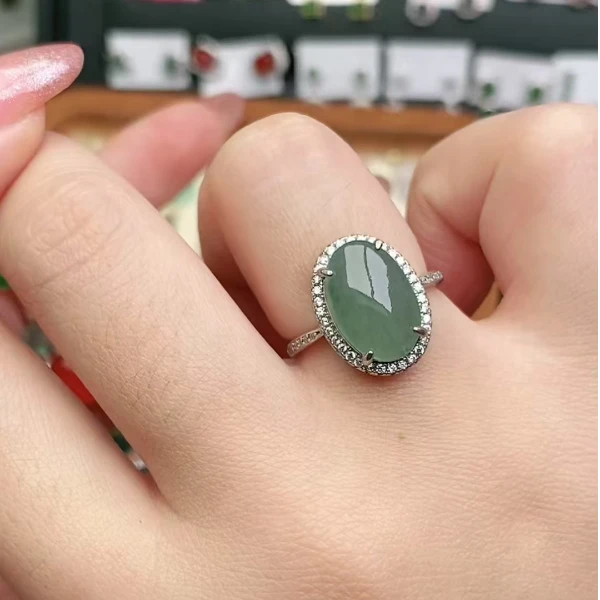 鑫辰珠宝天然A货翡翠银镶嵌设计款开口女戒指时尚百搭
