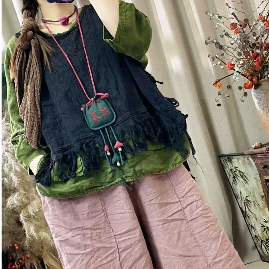 F6763亚麻流苏系绳马甲（衣长60胸围140）