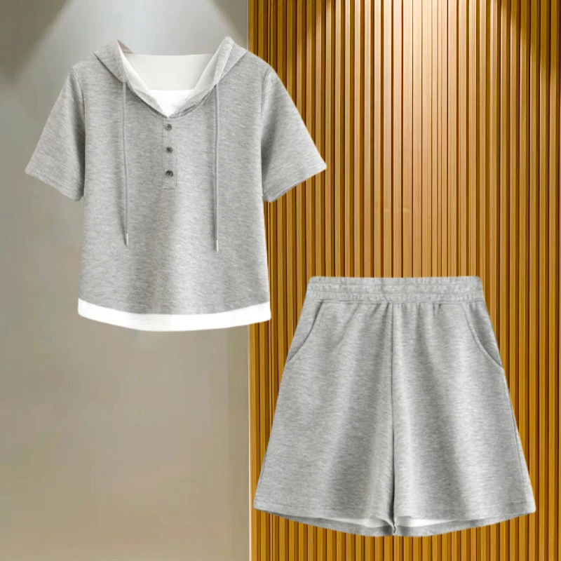 两件套连帽套装女2025夏季新款拼接假两件短裤上衣百搭休闲套装