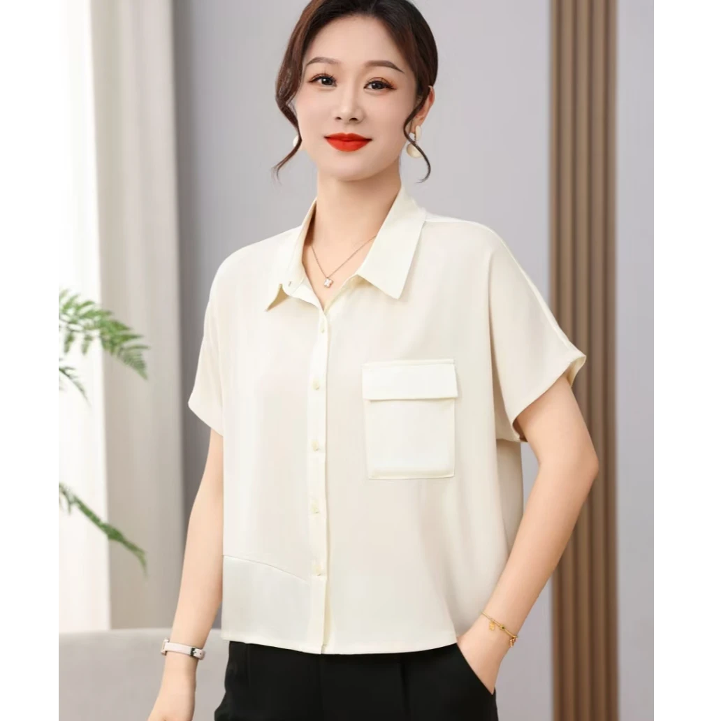 LX5539（聚水潭）休闲风短袖常规袖纽扣薄款气质白色女装翻领夏季