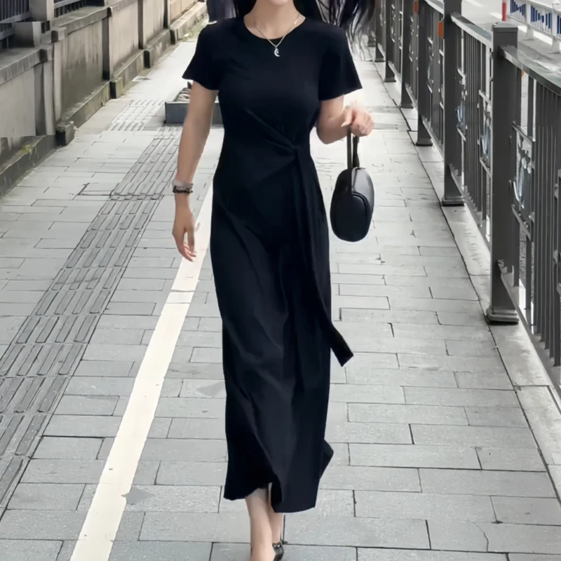 小黑裙夏季法式圆领中长连衣裙气质显瘦设计感绑带收腰长裙赫本风